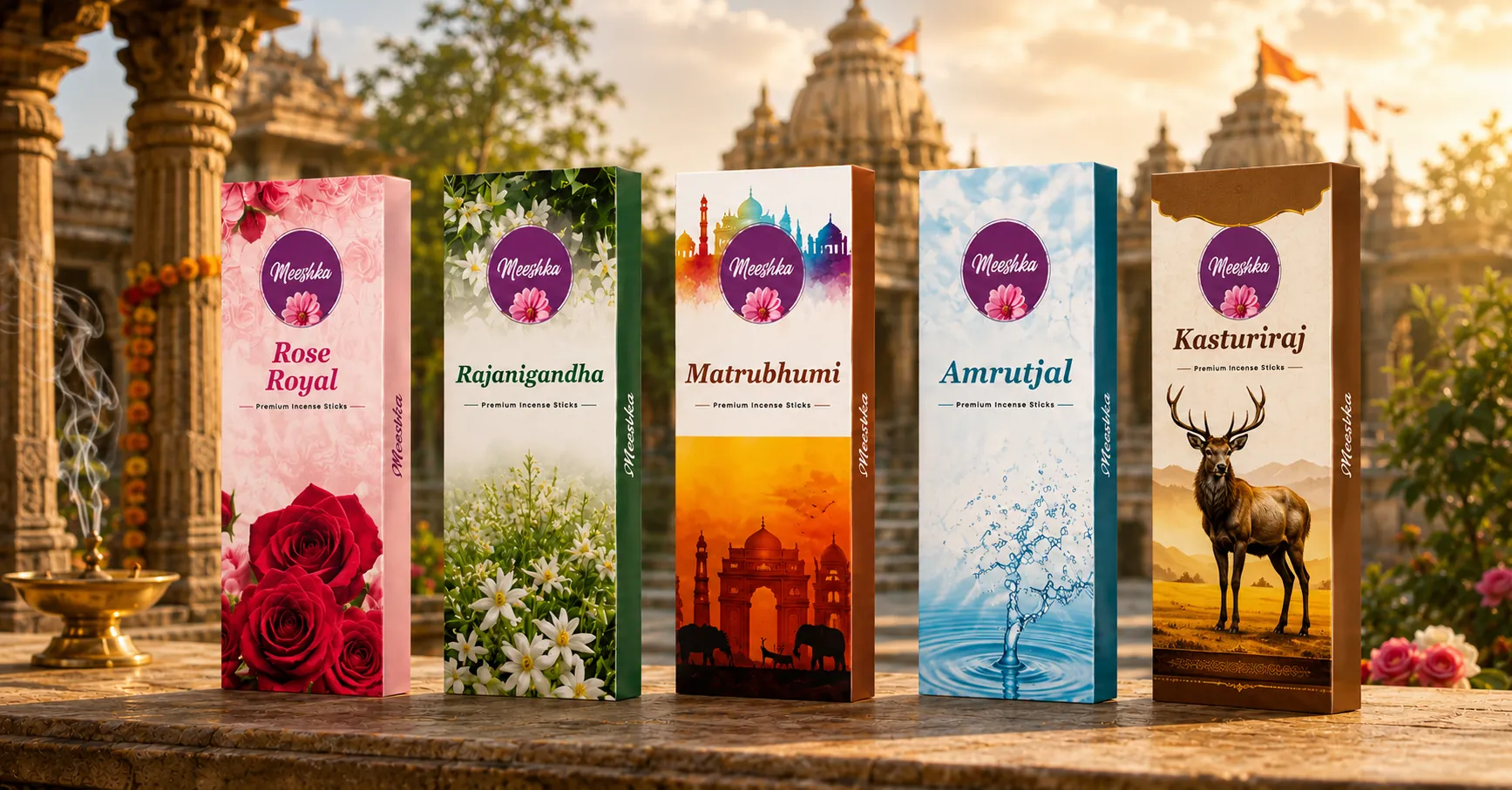 The Meeshka agarbatti range, five fragrances shown together