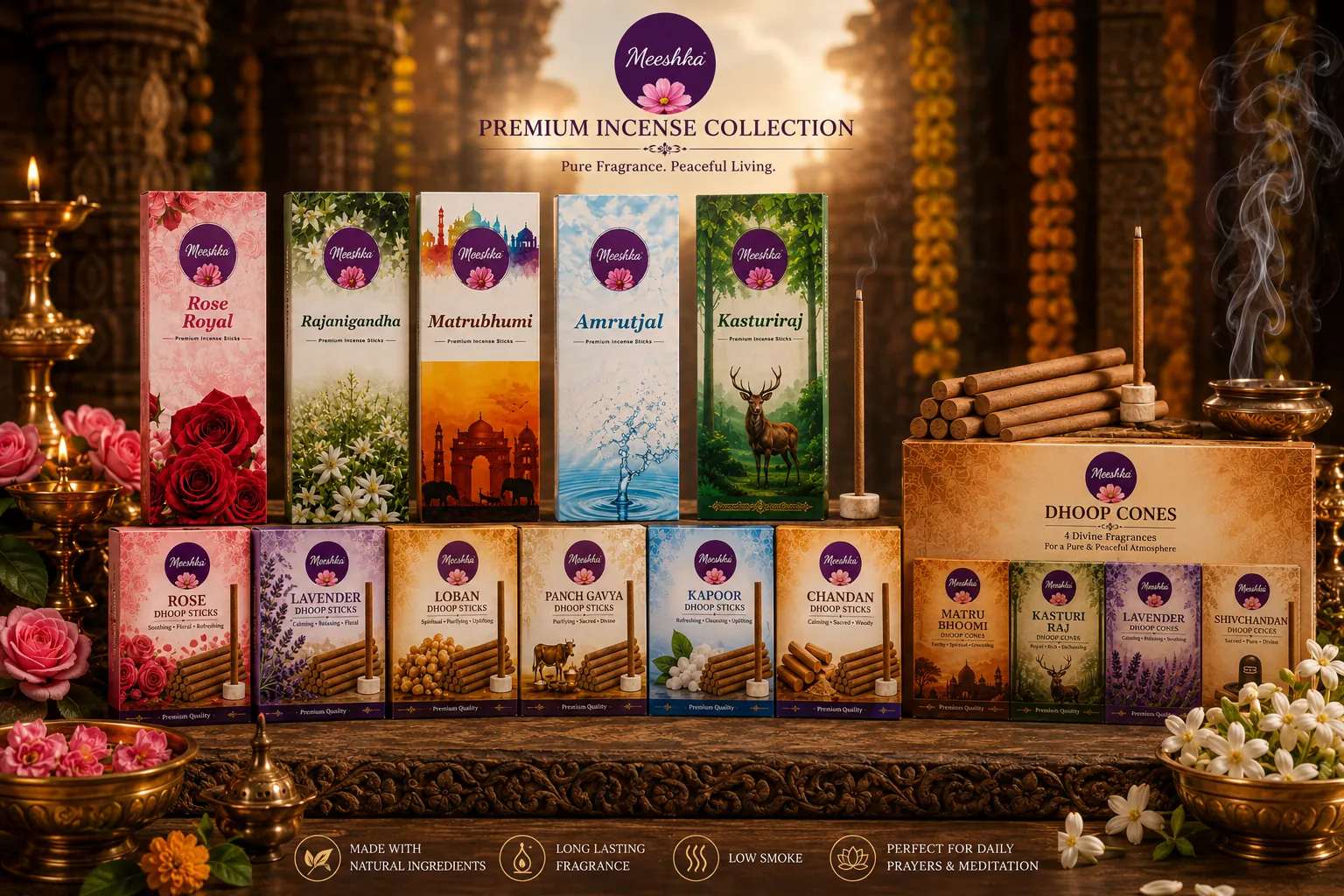 The full Meeshka incense portfolio — agarbatti, dhoop cones and dhoop sticks